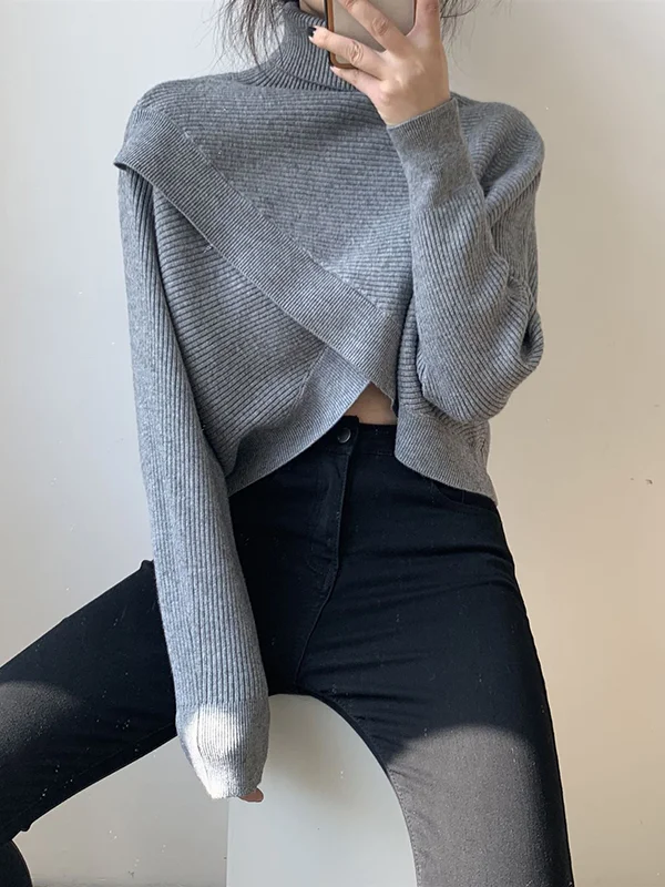 Long Sleeves Asymmetric Solid Color Split-Front High-Neck Knitwear Pullovers Sweater