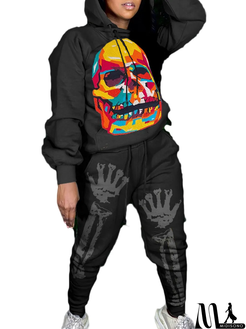 MidiSono - New Autumn Skull Halloween Thick Print Hat Long Suit