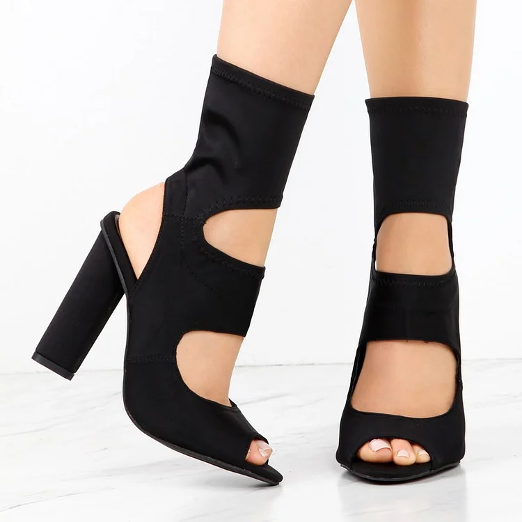 Women's Black Summer Boots Peep Toe Chunky Slingback Heels Boots |FSJ Shoes