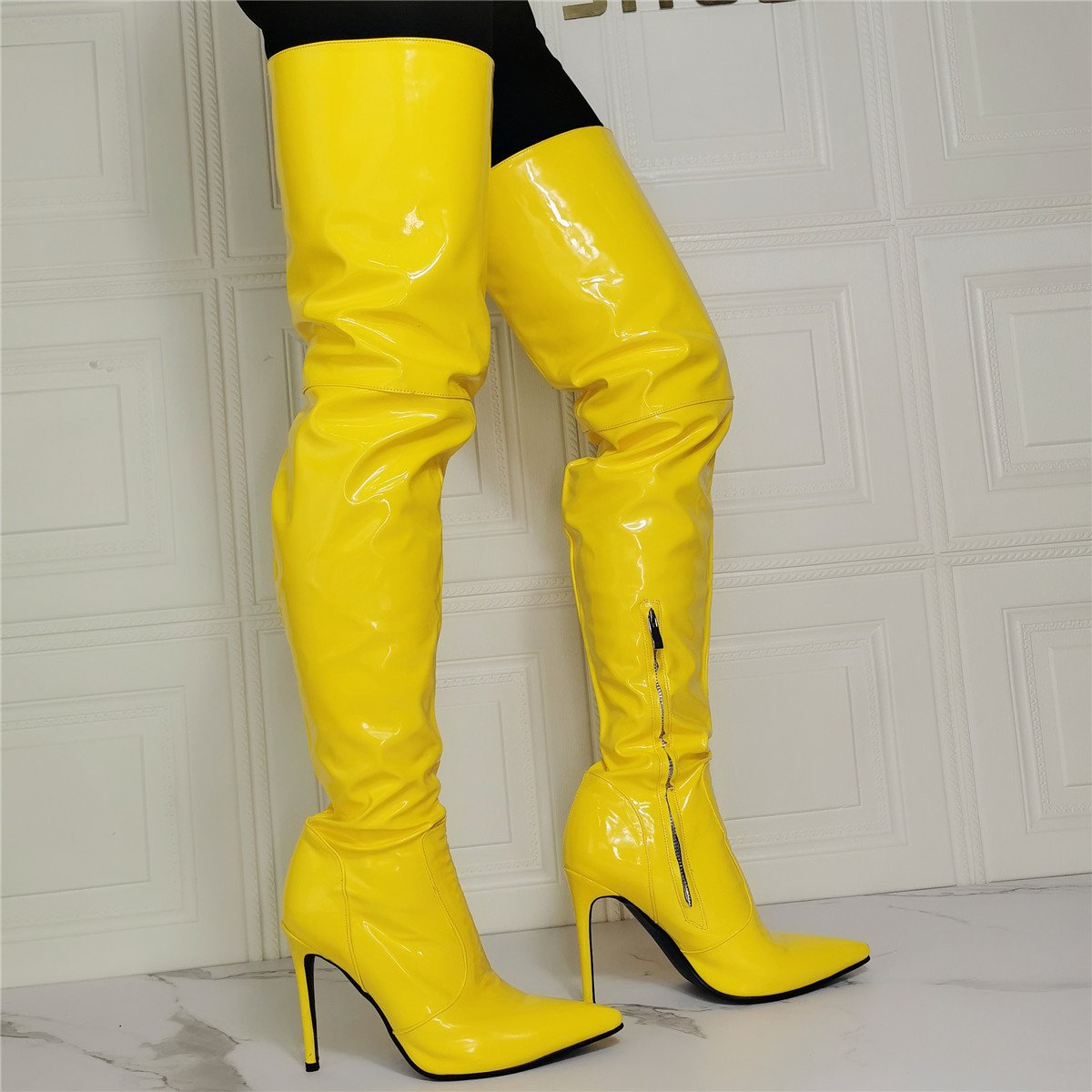 Winter yellow pointed toe sexy over the knee stiletto boots | Slim fit party thigh high boots