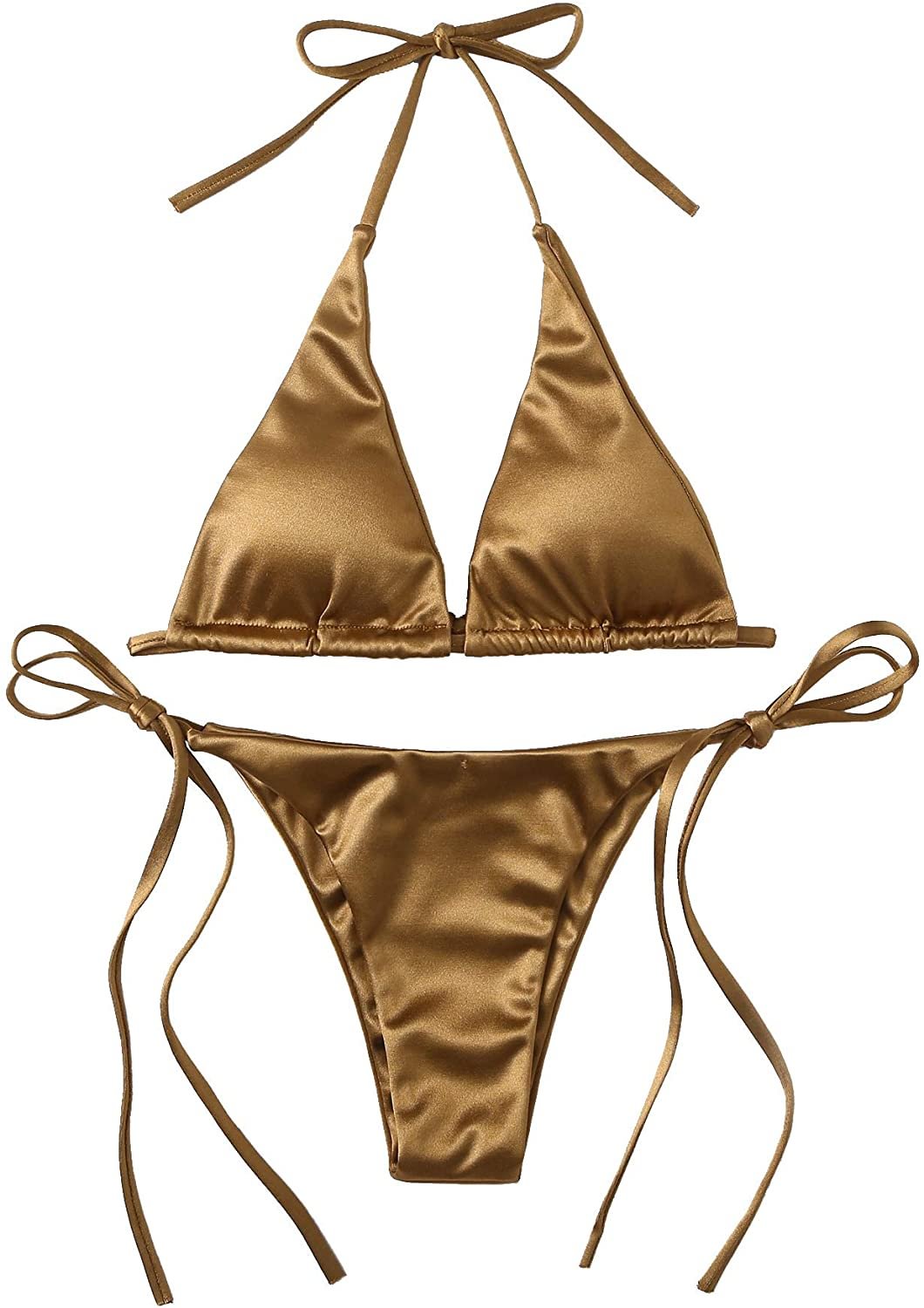Women's Metallic Halter Top Two Piece Swimsuit Tie Side Bikini