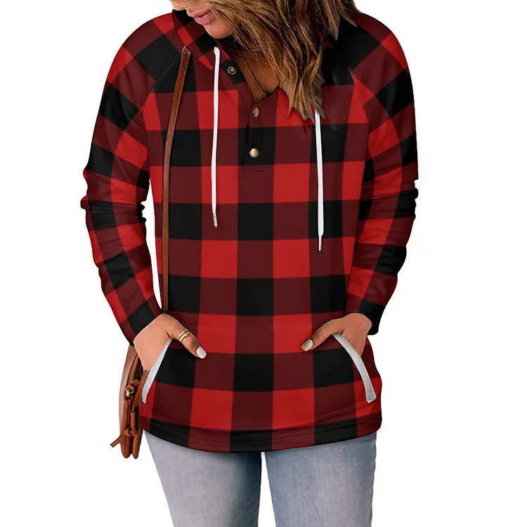 Womens Red Plaid Hoodie | Long Sleeve Shirt | Hooded Sweatshirt