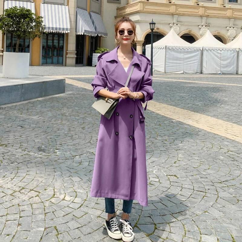 Fashion New Blue Green Purple Long Double-Breasted Women Trench Coat Lady Duster Coat Spring Autumn Outerwear Female Clothes