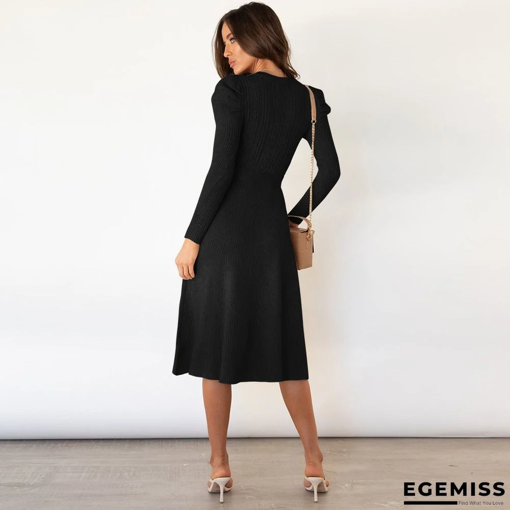 Bubble Long Sleeve Knitted Skirt Medium Long Wool Dress Black Dresses | EGEMISS