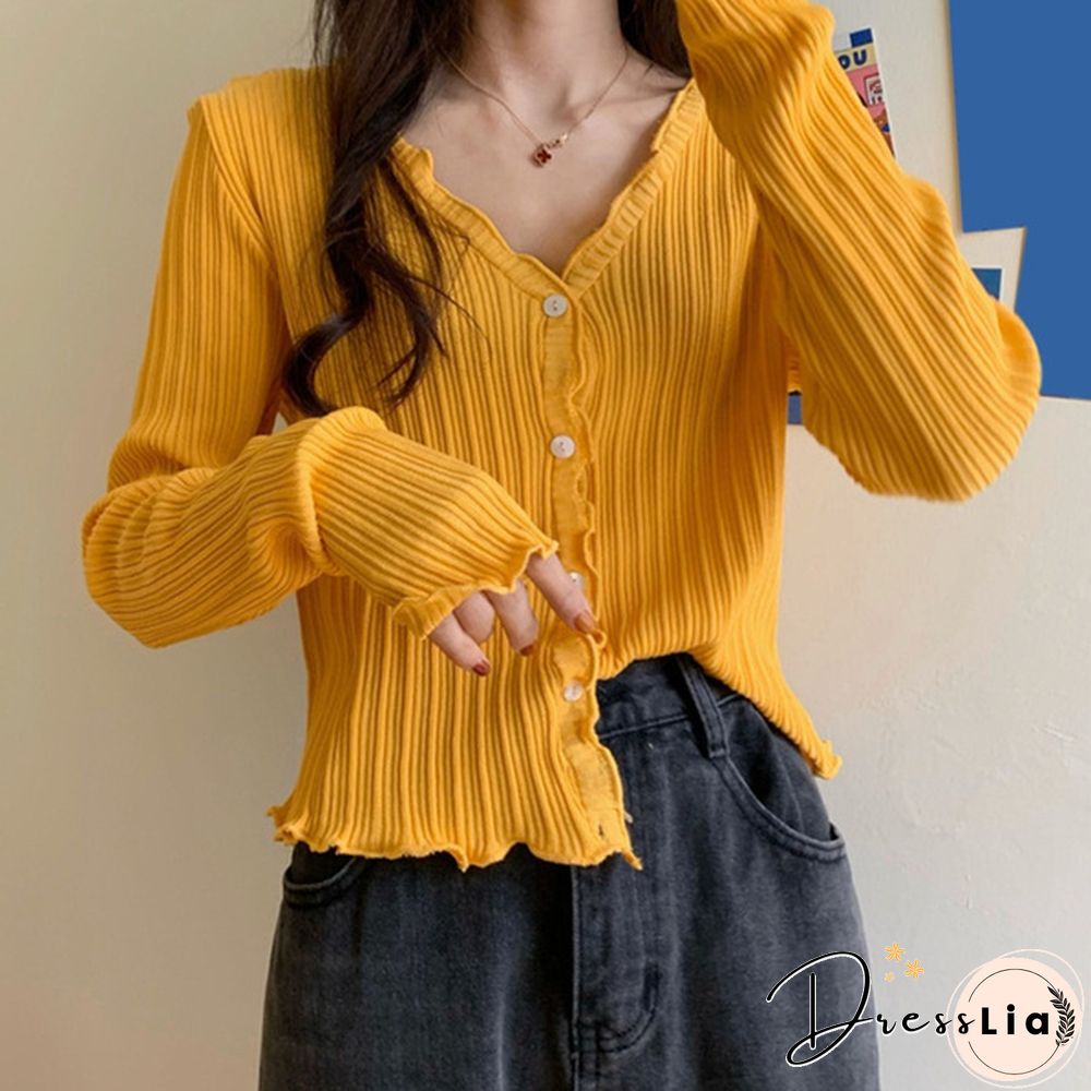 Women's V-neck Long-sleeved Thin Cardigan Short Loose Lazy Top Spring and Autumn