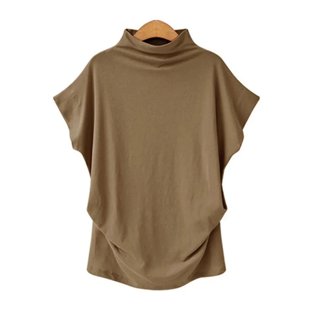 Brownm Commute Large Size Women's Half Turtleneck Batwing Sleeve Solid Color Polyester Top