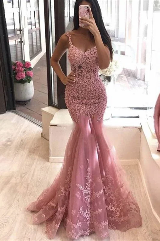 Luluslly Sleeveless Mermaid Dusty Rose Prom Dress With Lace Appliques