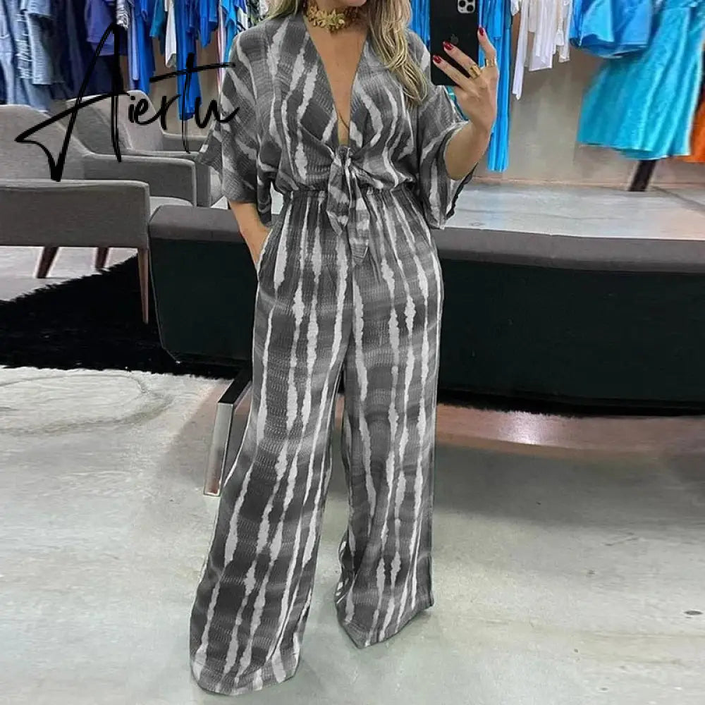 Summer Striped Print Waisted Romper Women Fashion V-neck Half Sleeve Jumpsuit Ladies Casual Wide Leg Pant Playsuit Overalls Aiertu
