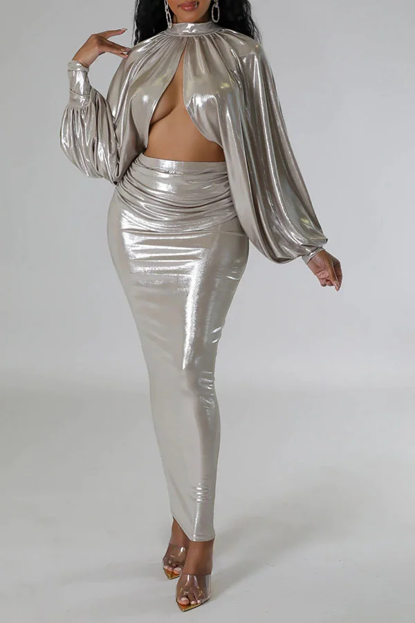 Metallic Glistening High Split Irregular Skirt Suit