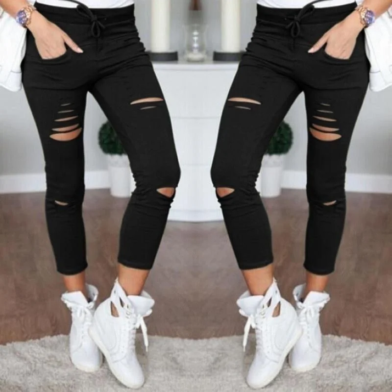 2020 Cargo Pants Women Fashion Slim High Waisted Stretchy Skinny Broken Hole Pencil Pants Solid Color Streetwear Trousers Womens