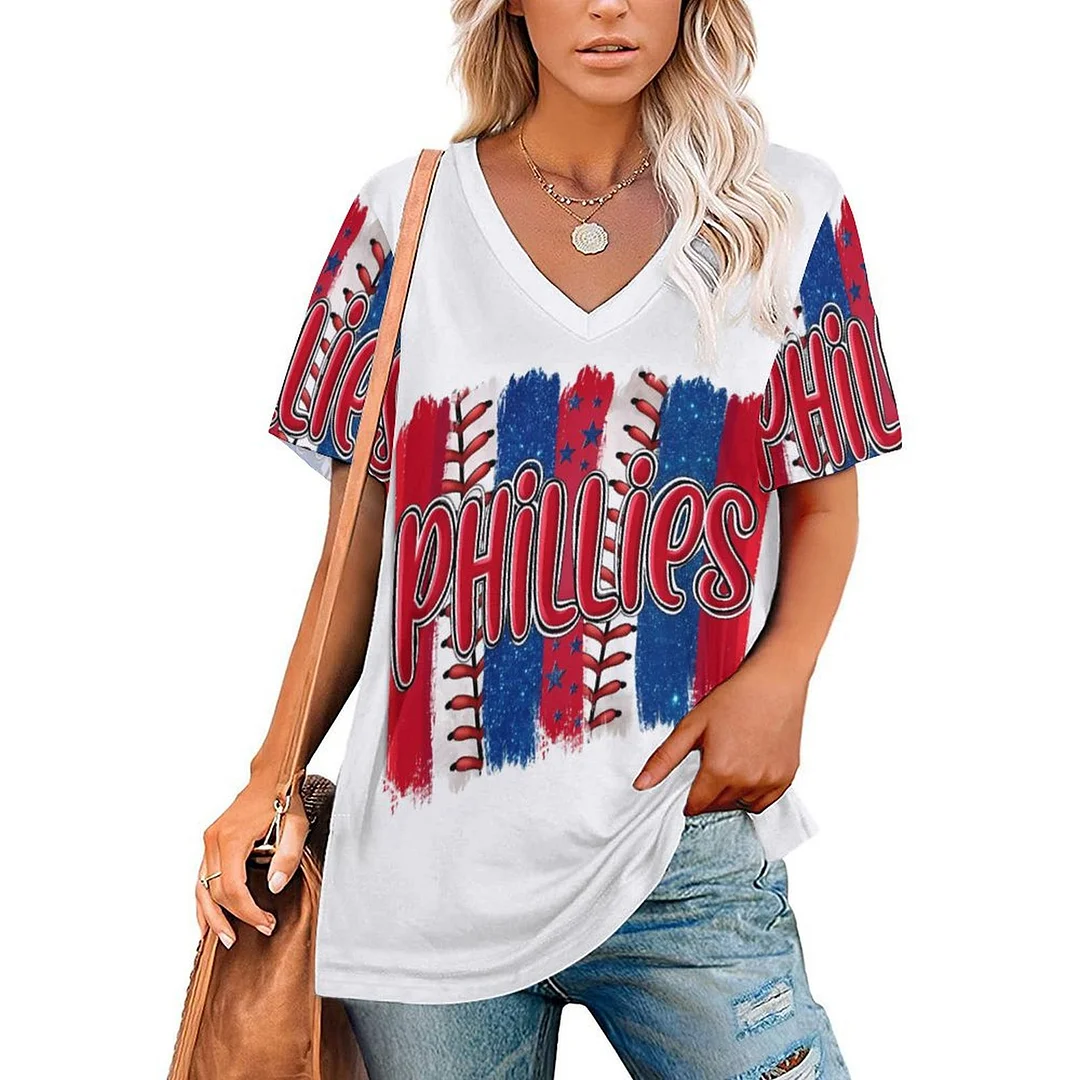 V-neck Short Sleeve Casual T-shirt for  Women Printed with Pattern Philadelphia Phillies, Blue, Red