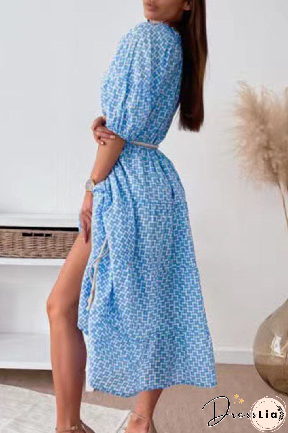 Fashion Street Print Split Joint V Neck A Line Dresses