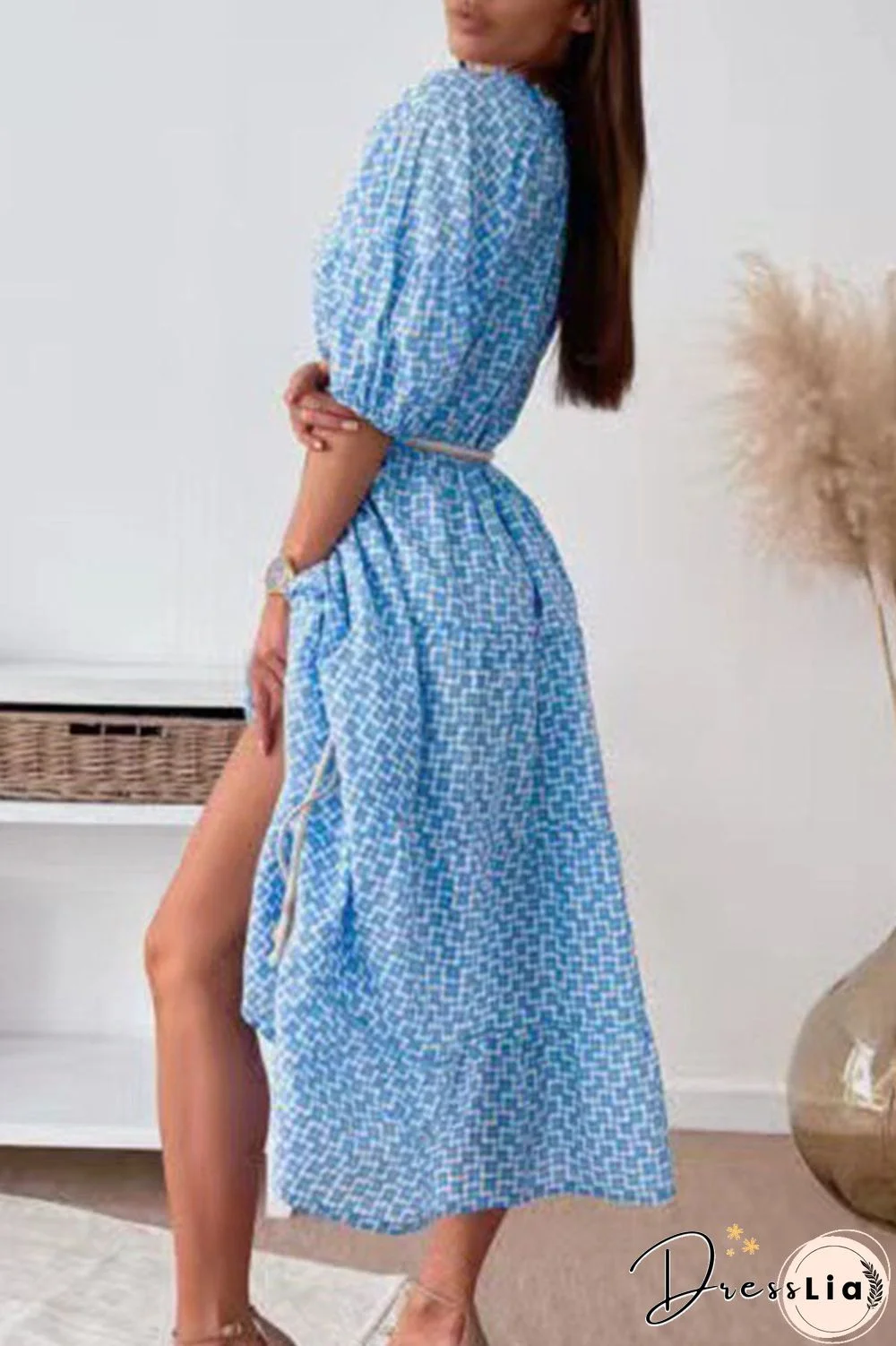 Fashion Street Print Split Joint V Neck A Line Dresses