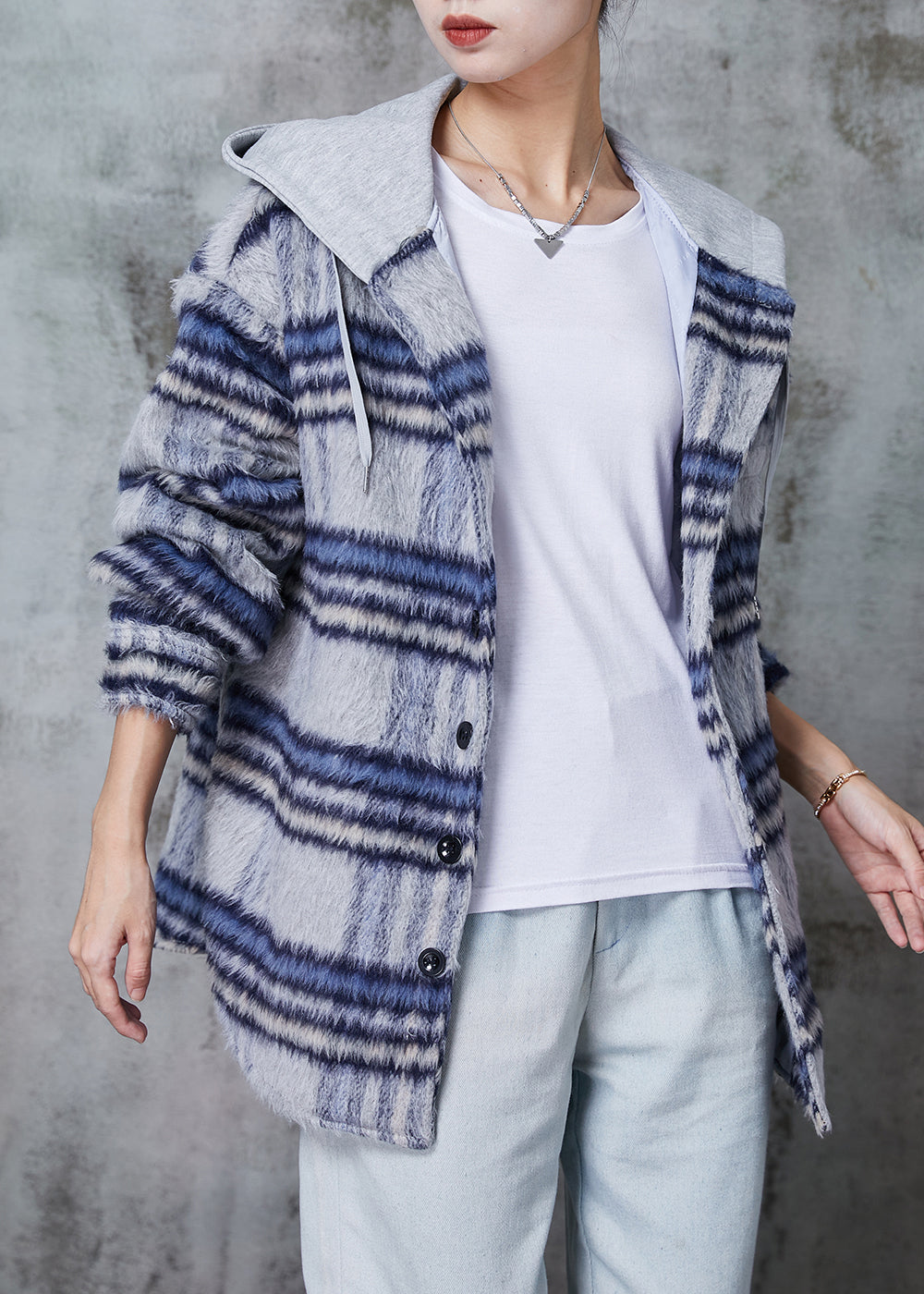 VCSHOES Blue Hooded Plaid Cotton Filled Coat Winter