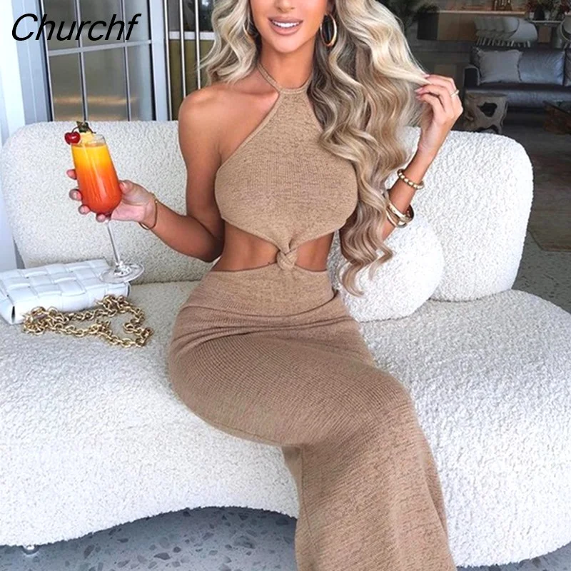 Churchf Halter Knitted Sexy Dress Women Backless 2023 Summer Temperament Elegant Slim Bodycon Dress Midi Long Dresses Vestidos