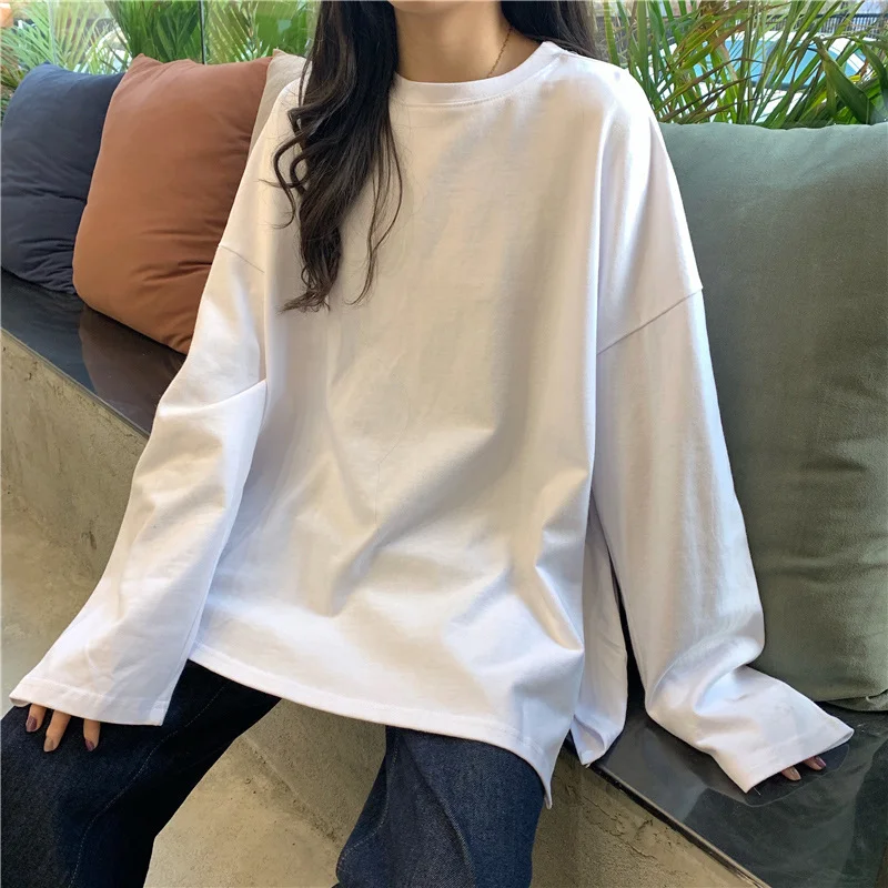 Brownm Brownm Autumn Outfit Slit Solid Color Long Sleeve T-Shirt Women Fashion Bottom Shirt Korean Fashion Students Wear Loose Clothes