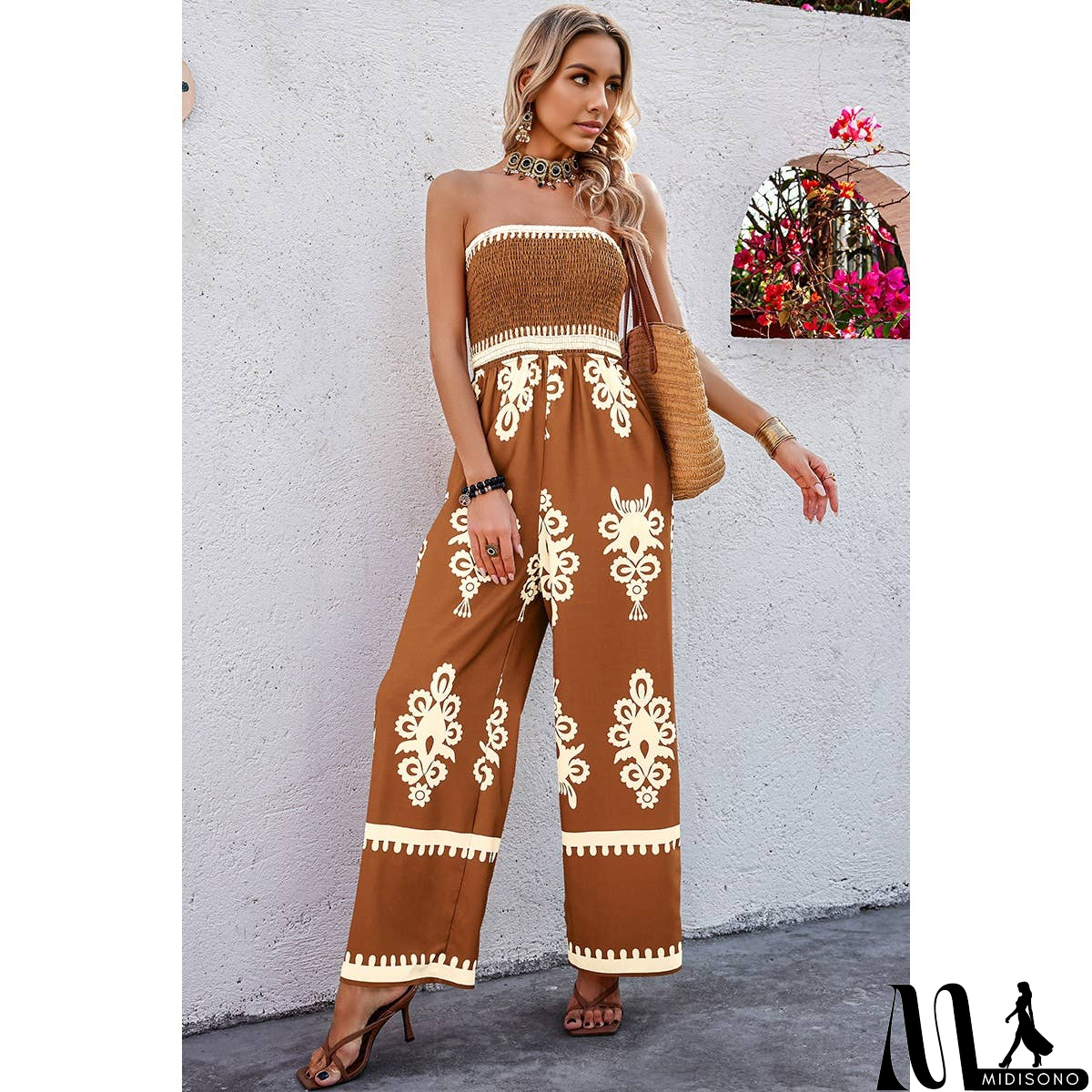 MidiSono - Off Shoulder Ruched Printed High Waist Jumpsuit