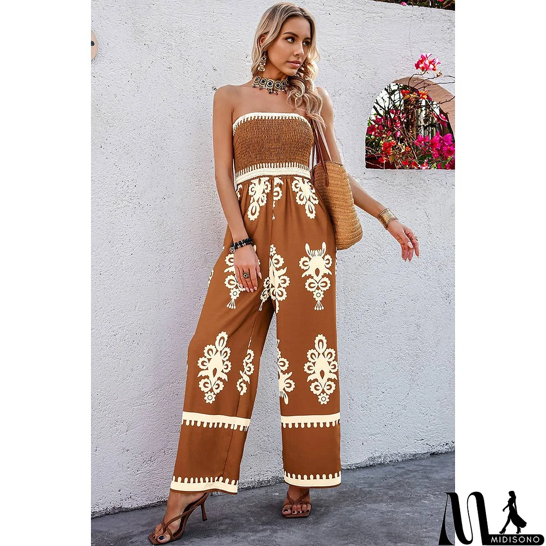 MidiSono - Off Shoulder Ruched Printed High Waist Jumpsuit