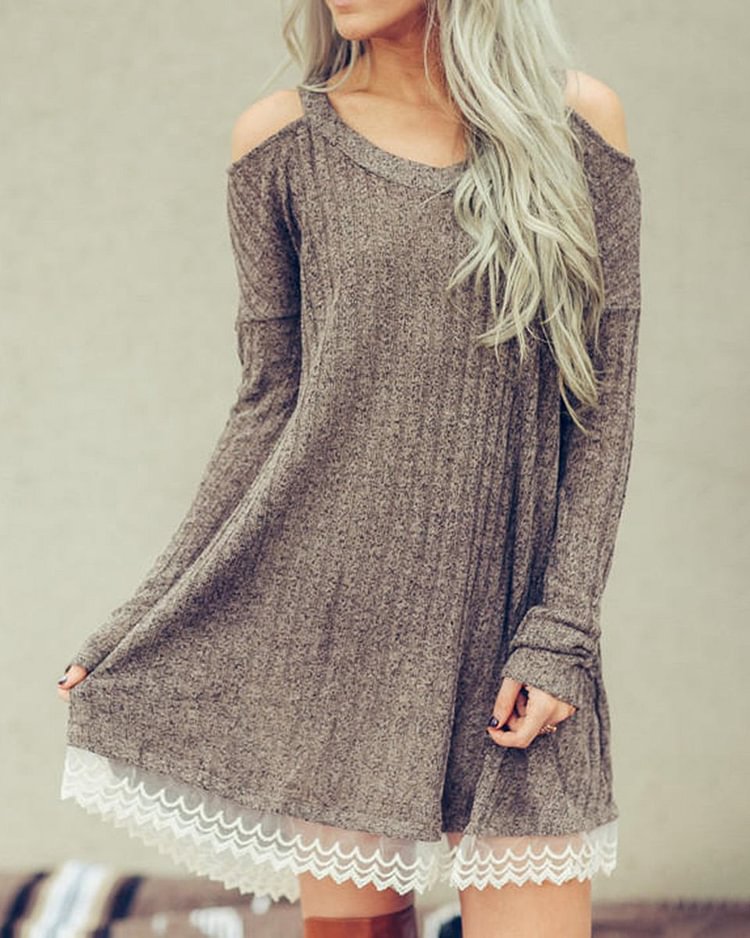 Fall Solid Lace Edge Long Sleeve Women's Mini Dress
