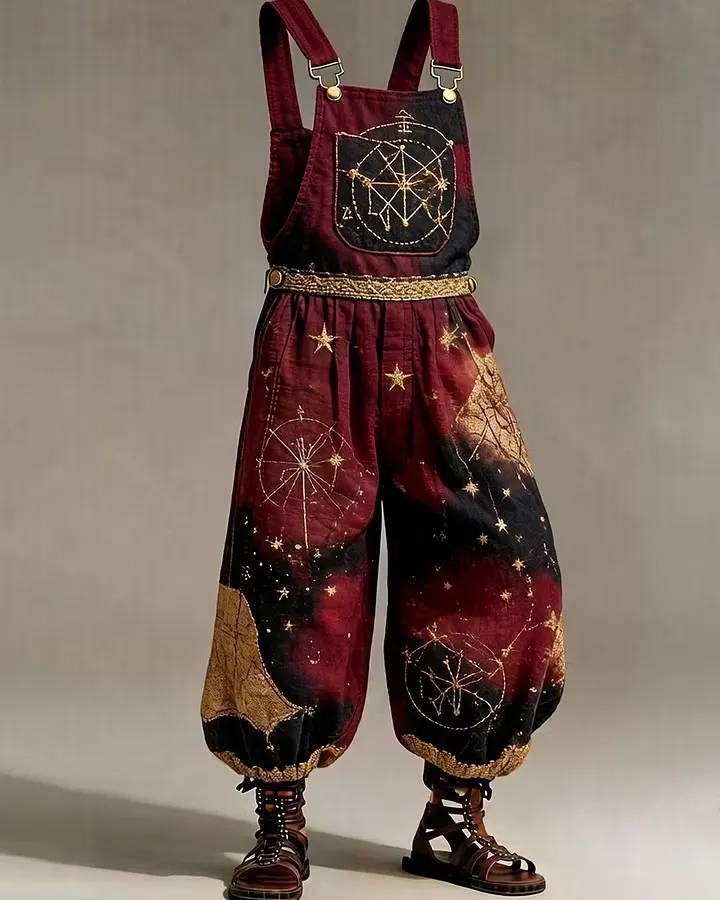 Men's Summer Star and Moon Embroidered Cotton Linen Overalls 4713