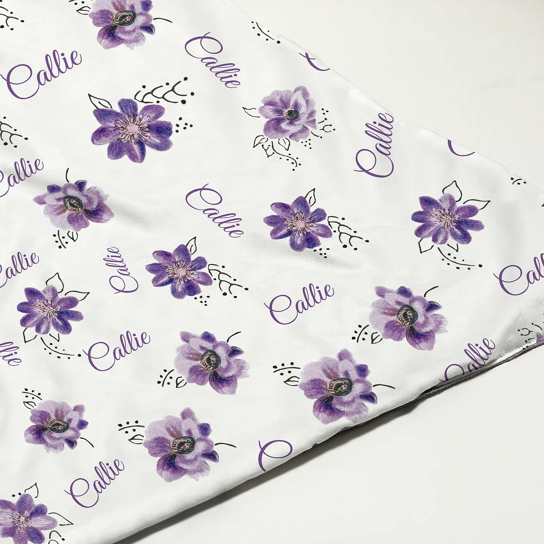 Personalized Purple Flowers Baby Girl Name Blanket 