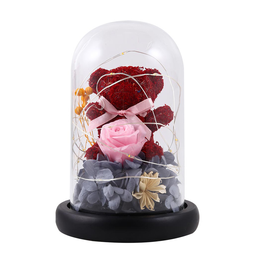 

Flower Bear Rose in Glass Dome LED Night Light Decor Wedding Christmas Gift, Pink, 501 Original