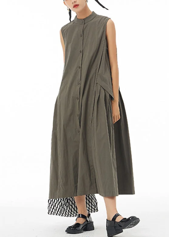 5.1Green Wrinkled Solid Long Shirt Dress Sleeveless