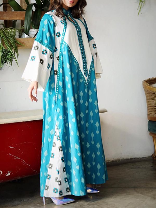 Color block blue and white geometric printed maxi dress