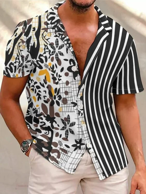 Men's Casual Colorblock Striped Short Sleeve Shirt