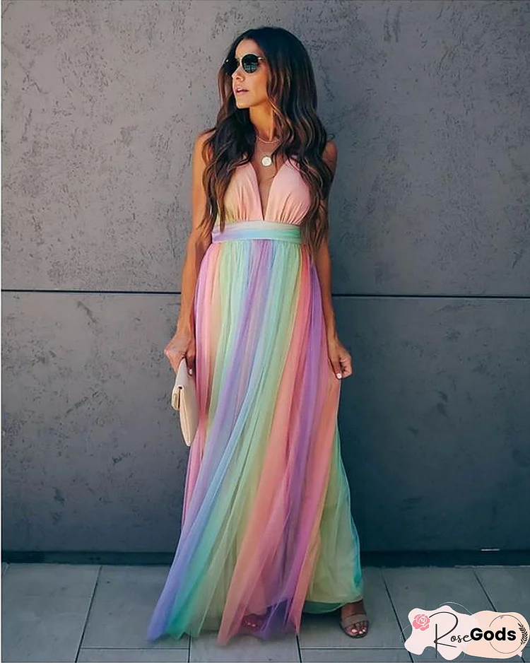 Women's Swing Dress Maxi Long Dress Sleeveless Print Zipper Mesh Summer Sexy Rainbow