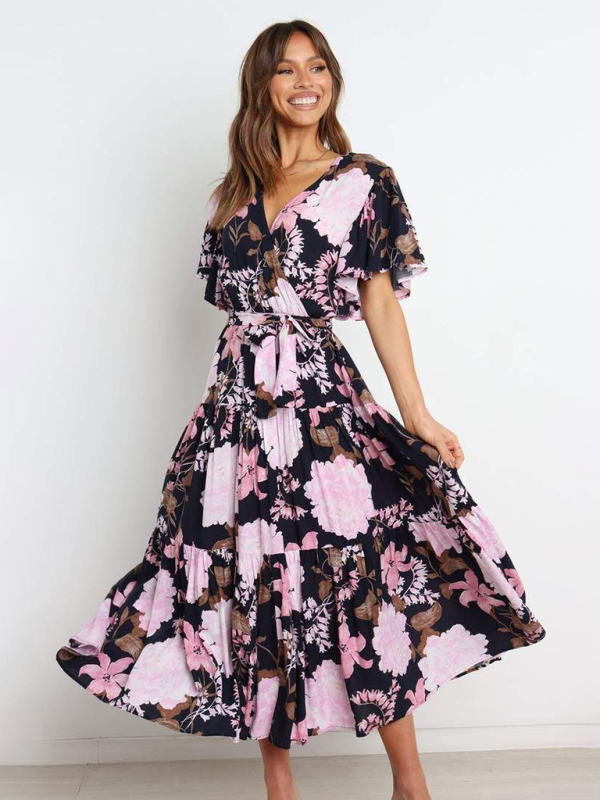 Mature Women Summer New Short Sleeve Printed V Neck Holiday Elegant Romantic Dress