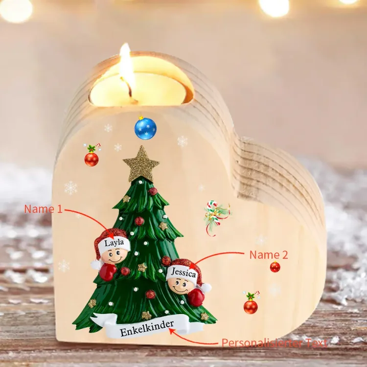 Herzform Kerzenhalter Personalisierte 2 Namen & Text Weihnachtsbaum & 2 Kinder Kerzenhalter