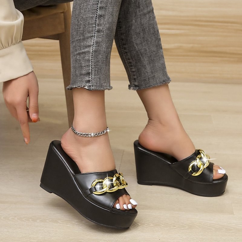 Gold Chain Shoes High Heel Wedges Slippers Women Slides Sandals-PABIUYOU- Women's Fashion Leader