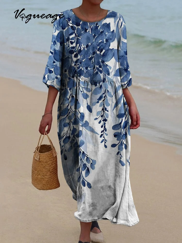 Elegant And Gentle Plants Printed Women's Casual Cotton And Linen Dress