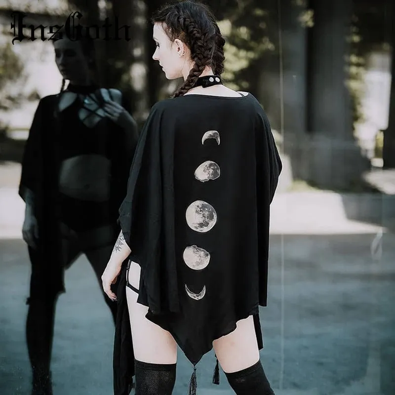 InsGoth Black Capes Coat Vintage Moon Print Gothic Loose Women Batwing Duplex Shawl Long Sleeve Cape Autumn Female Outerwear