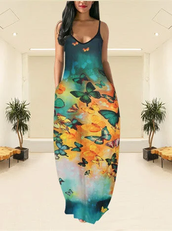 Women's Sleeveless V Neck Butterfly Print Loose Casual Dress