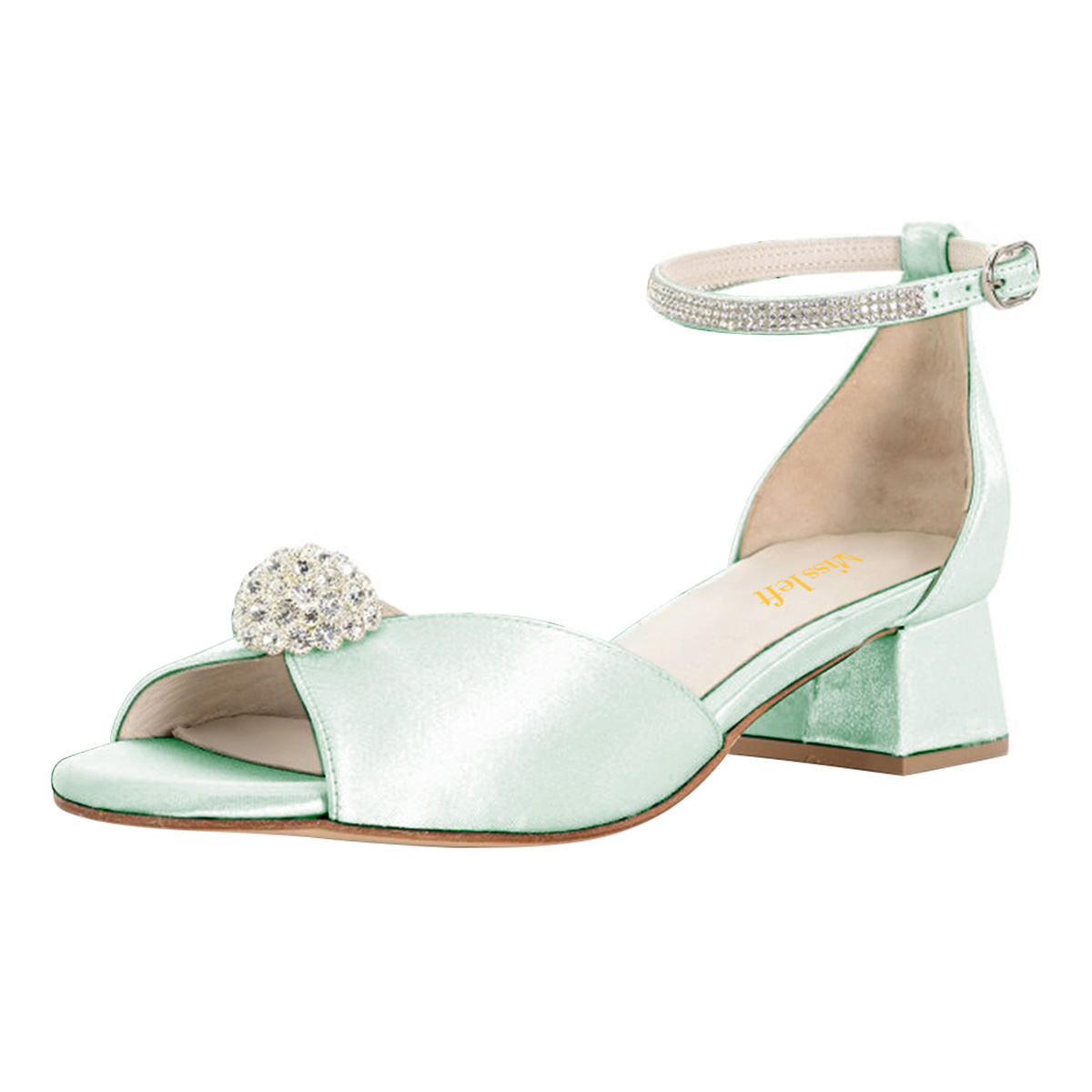 Light Green Round Toe Block Heel Rhinestone Flower Summer Sandals Nicepairs