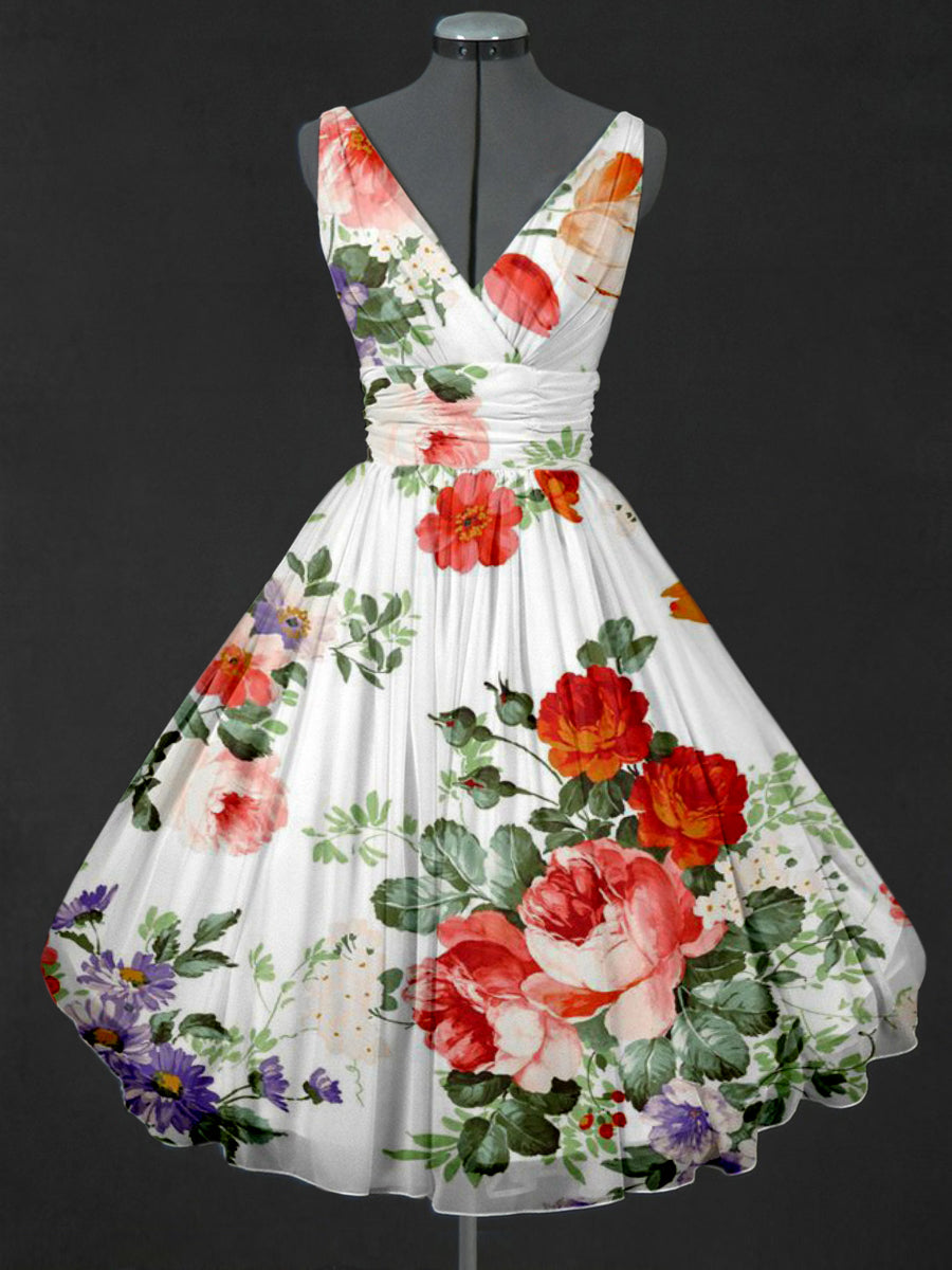 Retro Floral Print V-Neck 50's Sleeveless Midi Dress