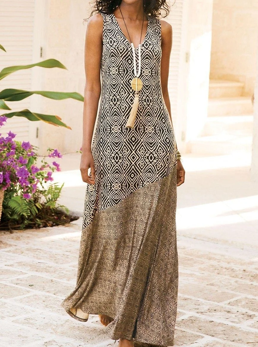 Bohemian Holiday Dress Sleeveless Stitching Printed Dress | EGEMISS