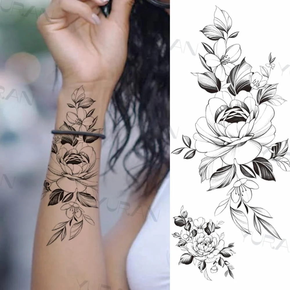 Black Large Snake Flower Fake Tattoo Sticker For Women Dot Rose Peony Temporary Tattoos DIY Water Transfer Tatoos Girls 1029