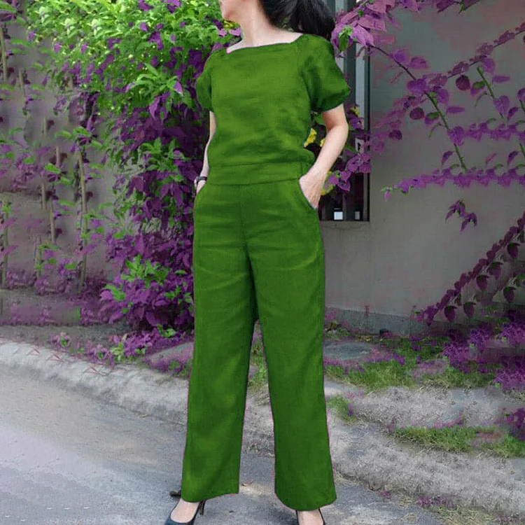 VChics Solid Color Casual Simple Short Sleeved Top Pants Two Piece Set
