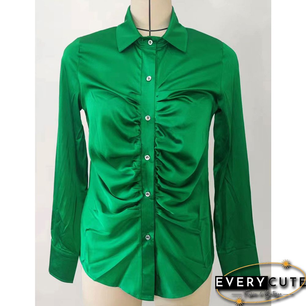 Green Pleated Button Long Sleeve Shirt