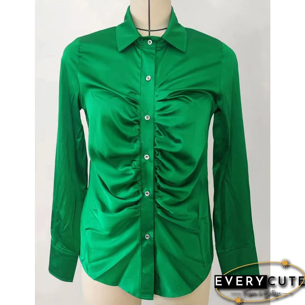 Green Pleated Button Long Sleeve Shirt