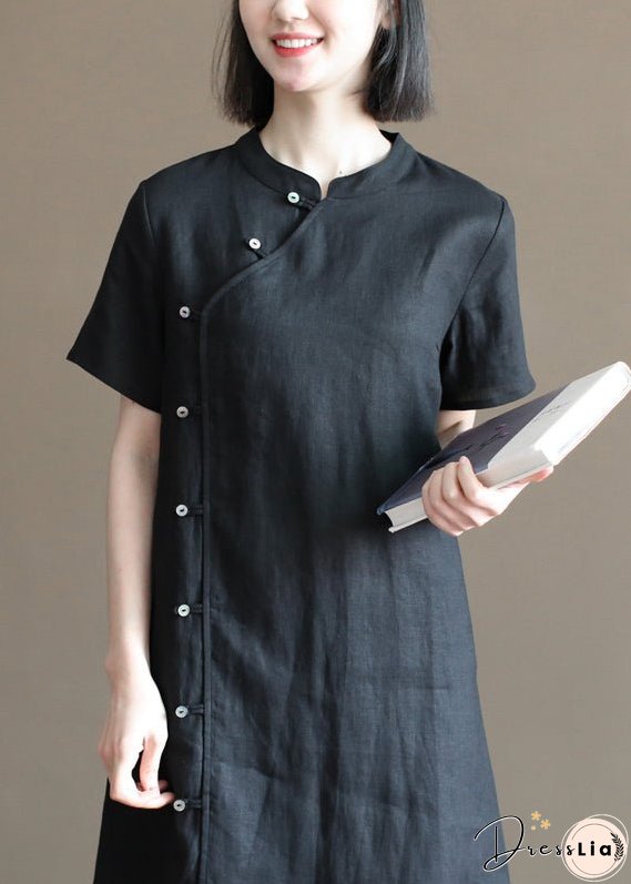 Vintage Solid Black Mandarin Collar Button Linen A Line Dresses Short Sleeve