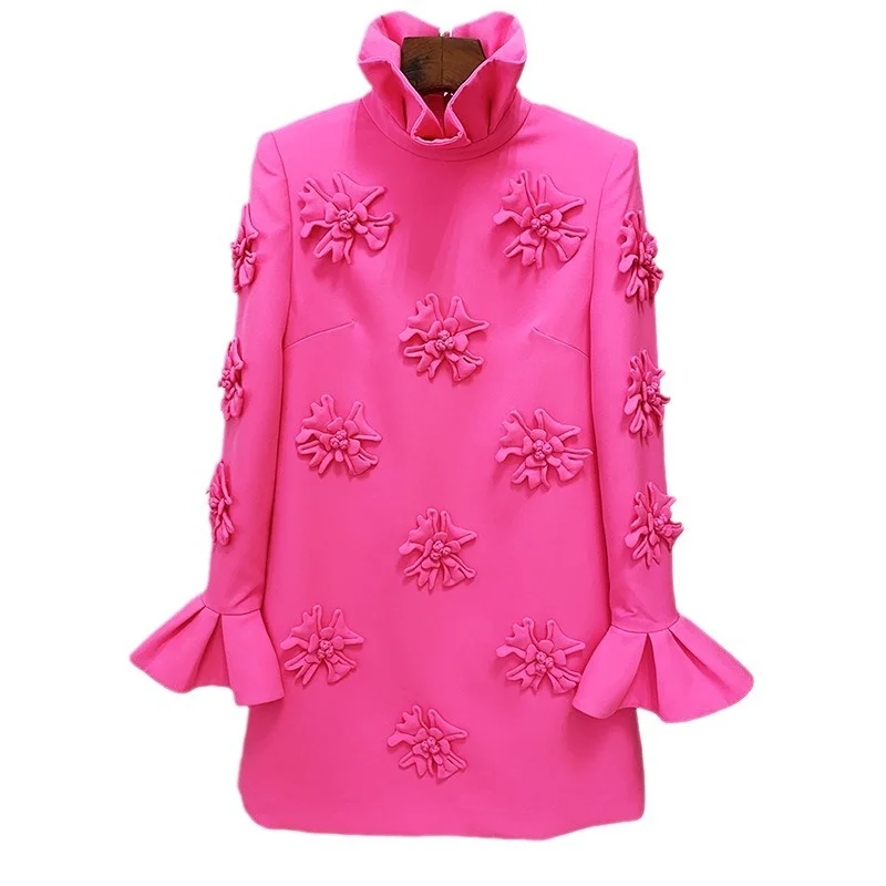 Nigikala Nigikala New Star Fashion Temperament Heavyweight Three-Dimensional Flower Horn Sleeve Dress