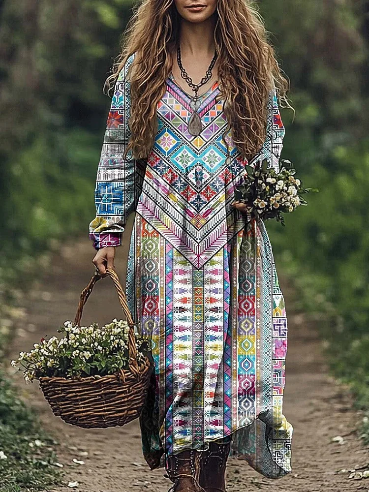 Women's Retro Floral Print Pocket Cotton Dress