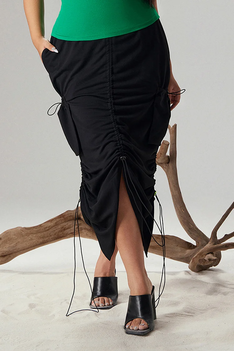 Xpluswear Design Plus Size Daily Skirt Black Ruched Cargo Knitted Skirt With Pockets [Pre-Order]