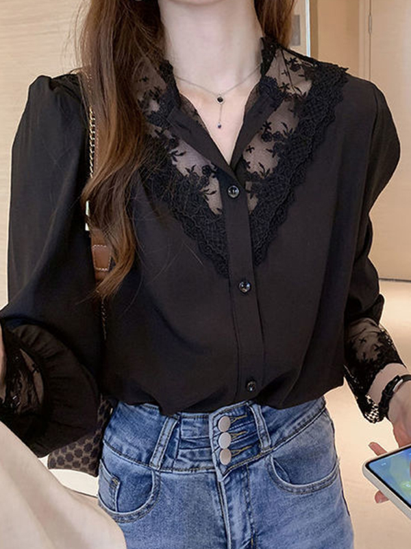 Urban Black White Lace Split-Joint Hollow Blouse