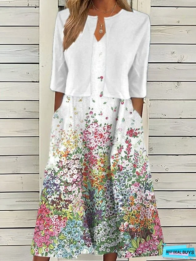 Two Piece Dress Set Casual Dress Print Dress Outdoor Daily Active Modern Pocket Print Midi Dress V Neck Half Sleeve Floral Regular Fit White Red Green Summer Spring S M L XL XXL for Women