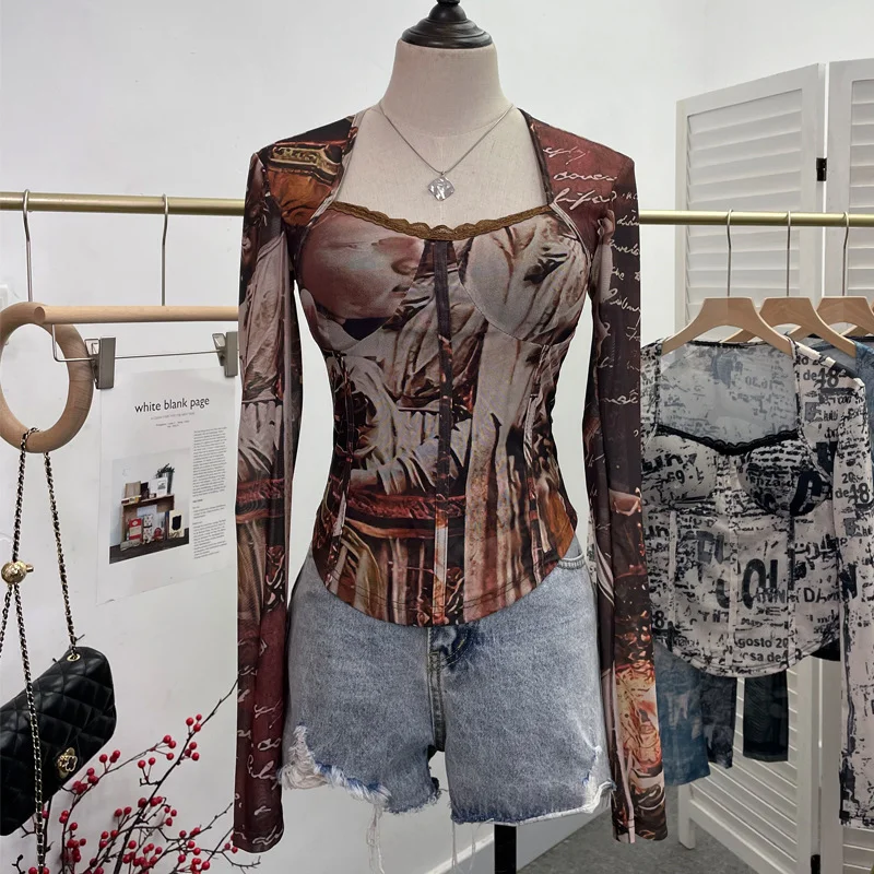 Uveng Quality Explosion Fang Lace Splicing Tie-Dye Mesh Long Sleeve Tight Babes With Chest Pads Short Top 1386